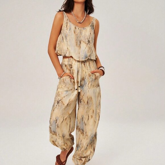 . Tops - Multicolor Boho Womens TieDye Tank Top & Drawstring Waist Slant Pocket Pants Set